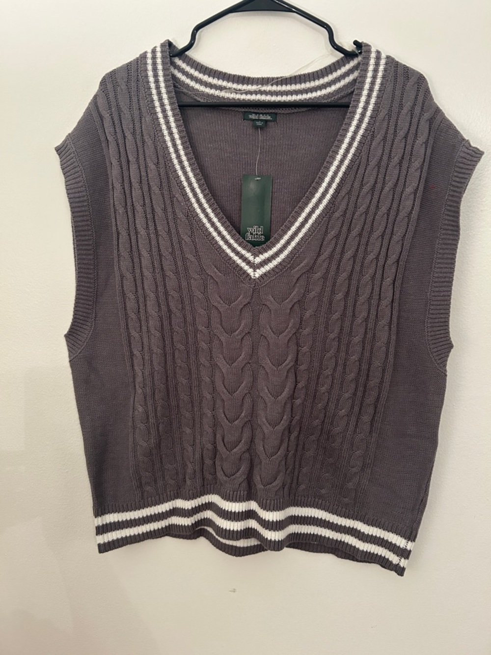 wild fable Cable Knit V-Neck Sweater Vest in Charcoal with White Trim